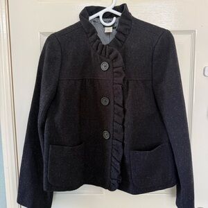 J. Crew 100% Wool Shell Long Sleeve 3 button Ruffle Jacket in Heather Grey.